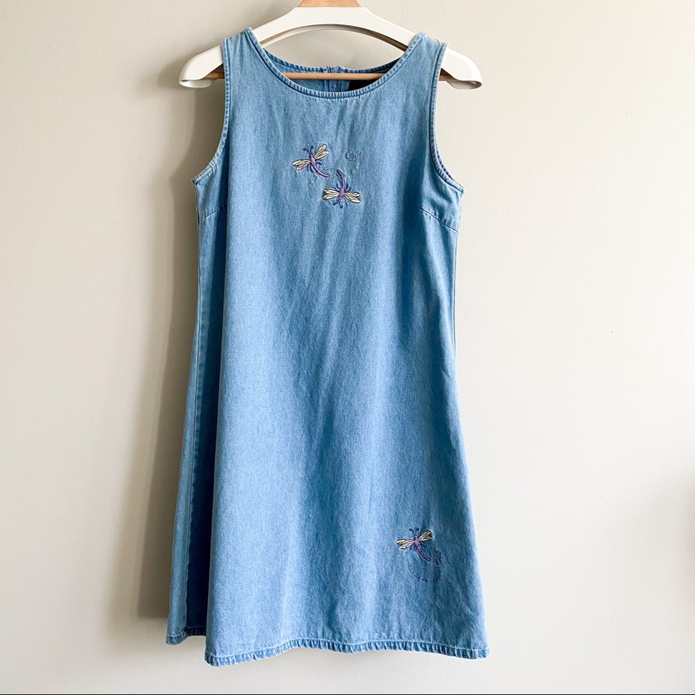 VINTAGE CB Casual Petite Denim Dress Embroidered Detail